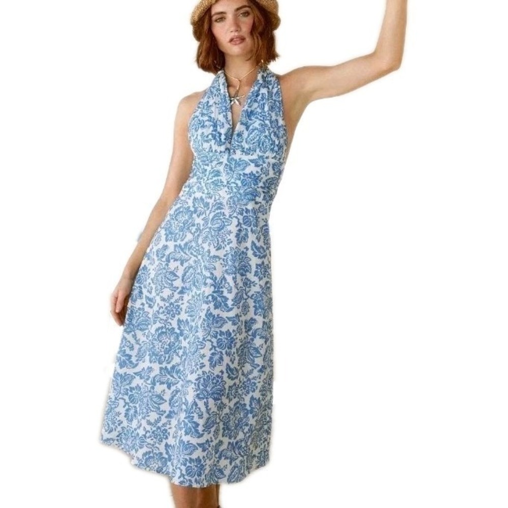 NWT Cider Cotton Halter Dress Size 0XL Blue White Midi Vacation Beach Summer